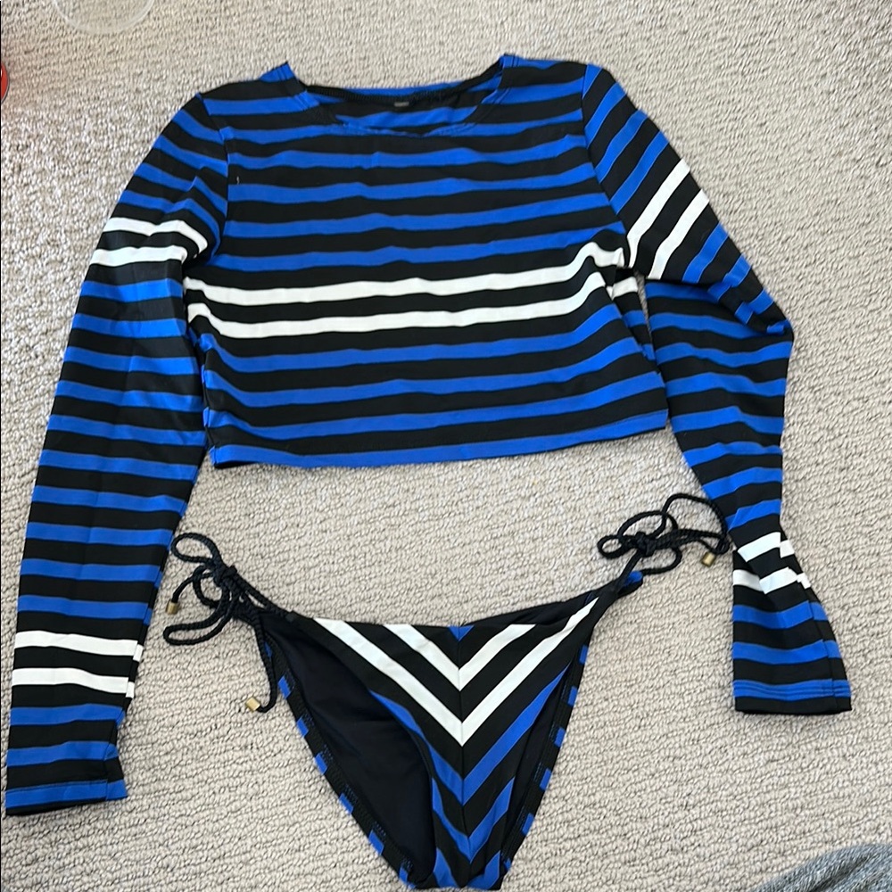 Striped Blue and Black Bikini Set